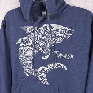 VTG Catalina Island Hoodie Mens S Blue Shark Surfer Art California Beach Nature